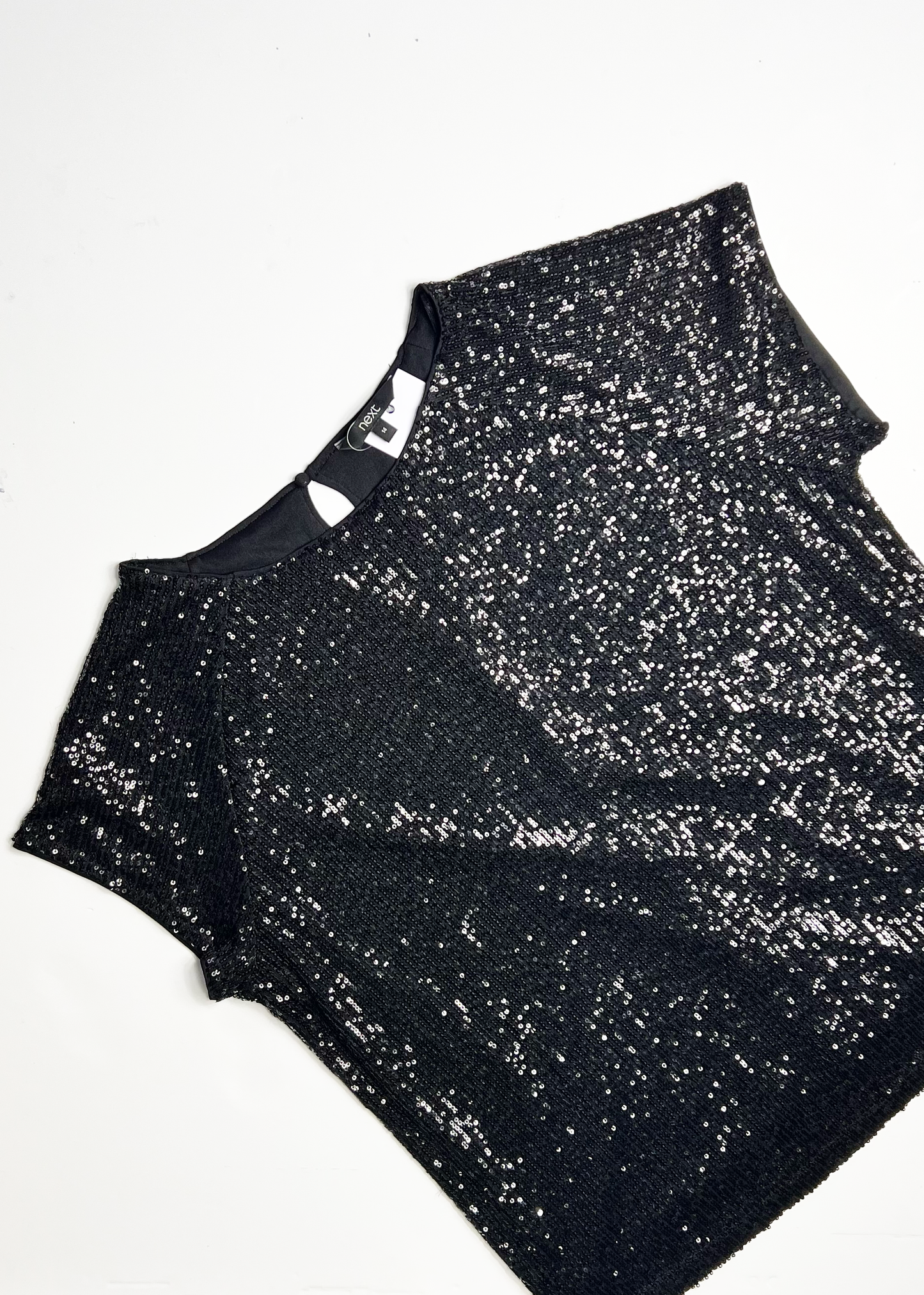 Cap Sleeve Sequin Black Top - UK 14