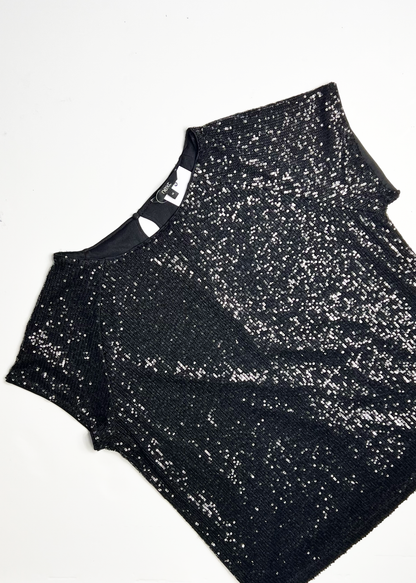 Cap Sleeve Sequin Black Top - UK 14