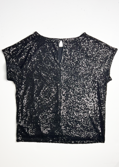 Cap Sleeve Sequin Black Top - UK 14