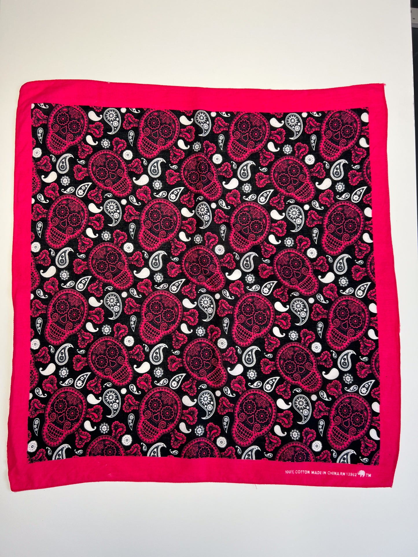 Pink Skull Bandana with White & Black Paisley Print