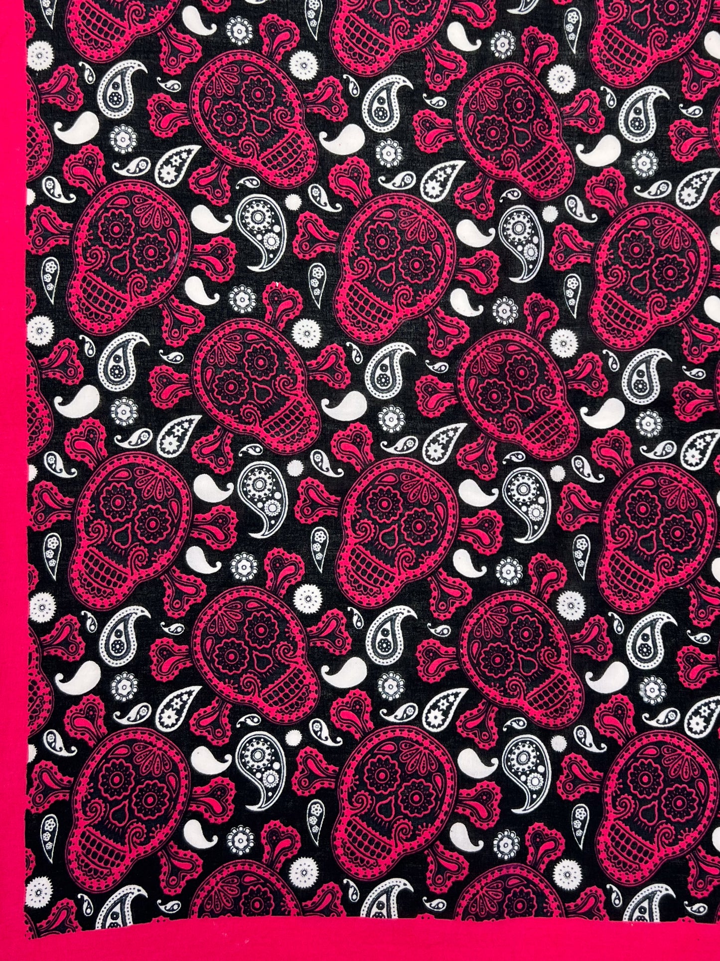 Pink Skull Bandana with White & Black Paisley Print