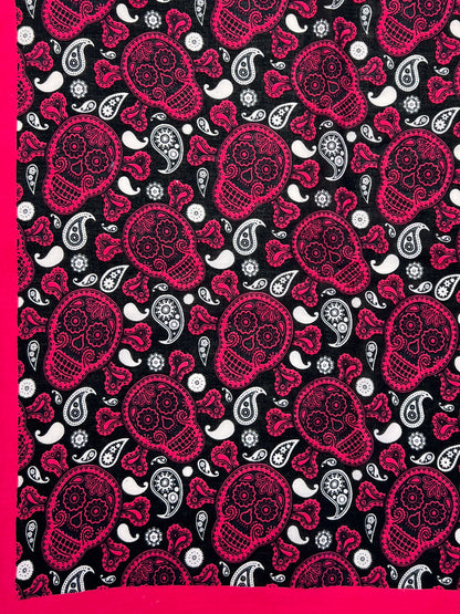 Pink Skull Bandana with White & Black Paisley Print