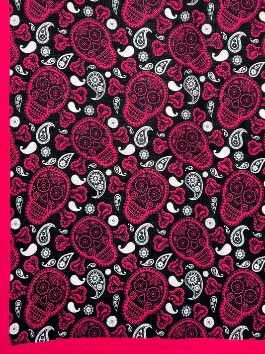Pink Skull Bandana with White & Black Paisley Print