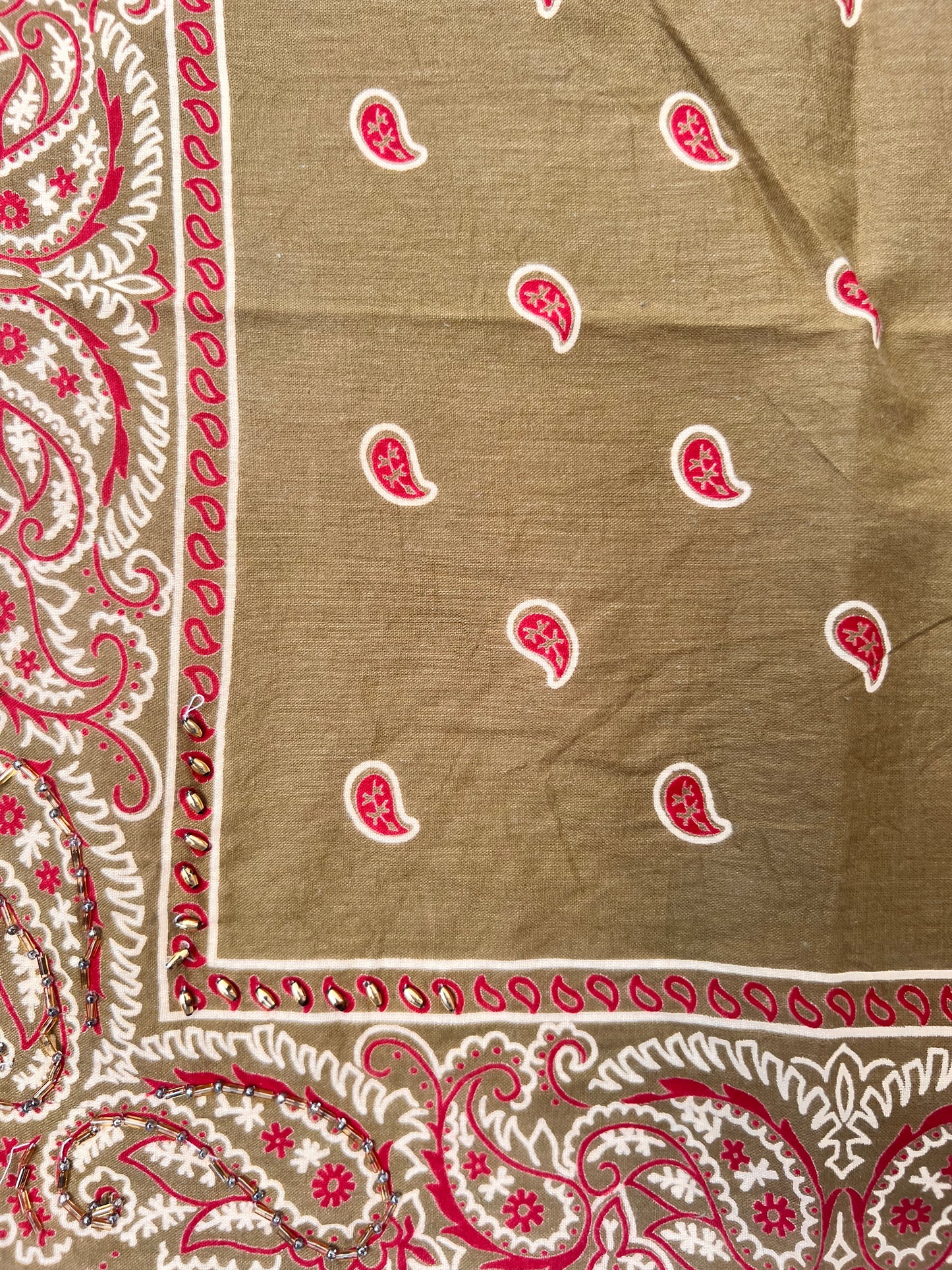 Khaki & Red Paisley Beaded Bandana