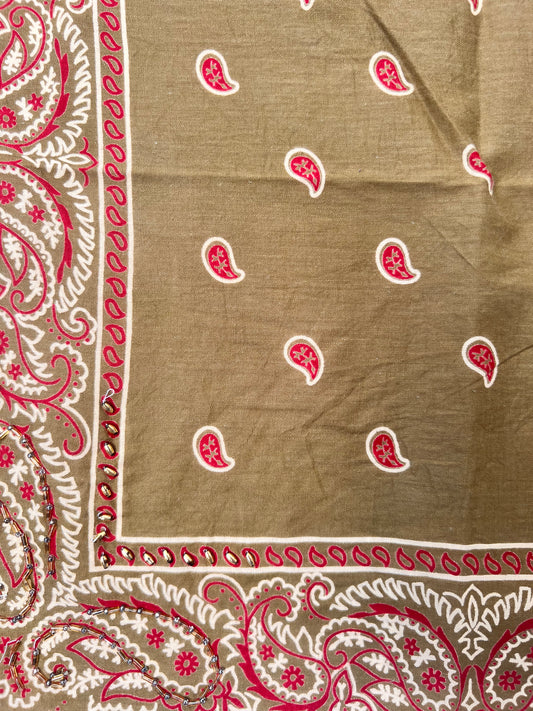 Khaki & Red Paisley Beaded Bandana