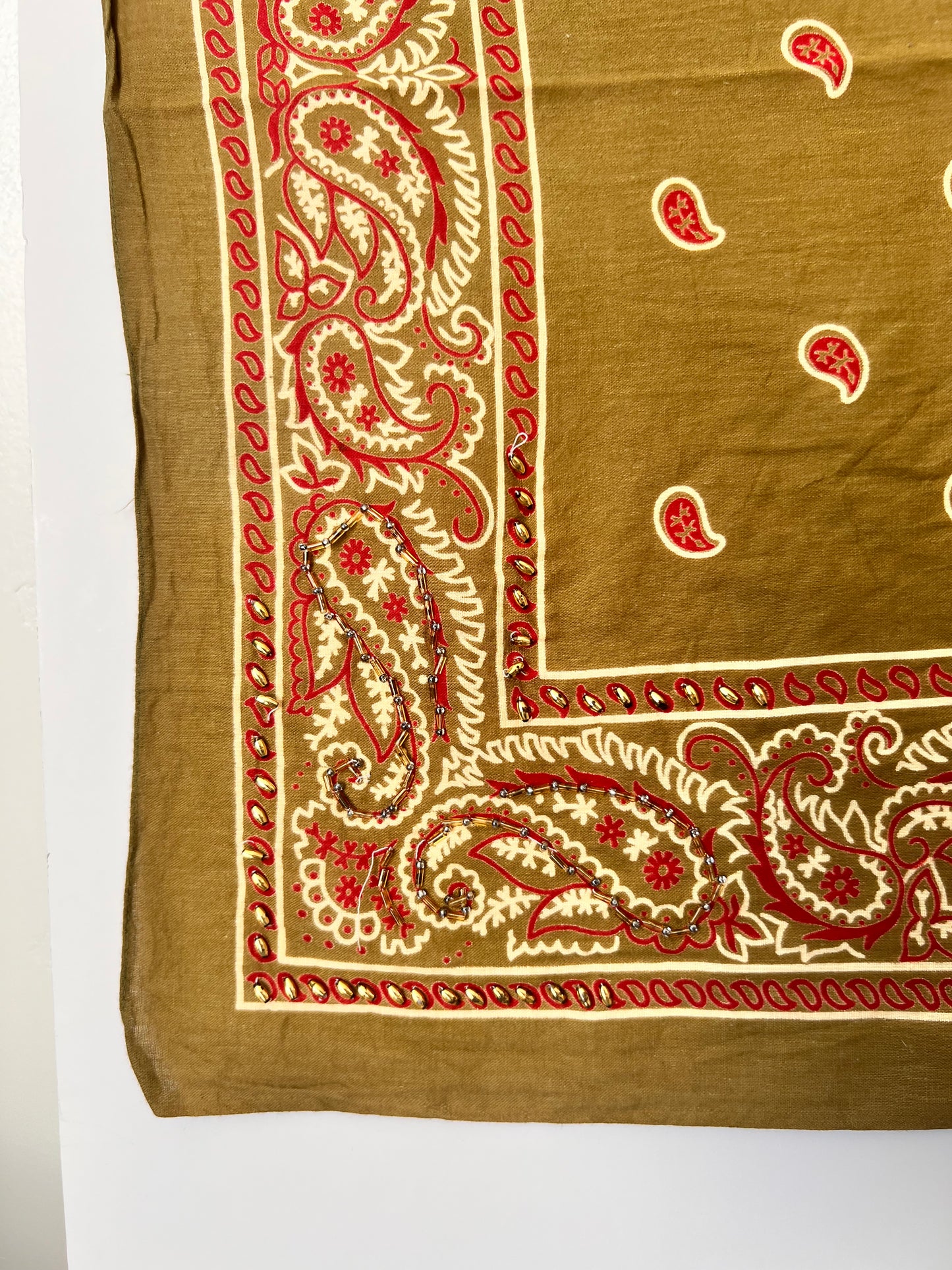 Khaki & Red Paisley Beaded Bandana