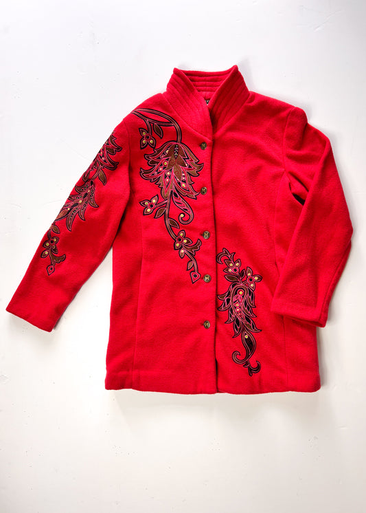Bob Mackie Y2K Embroidered Red Fleece Overcoat - XS