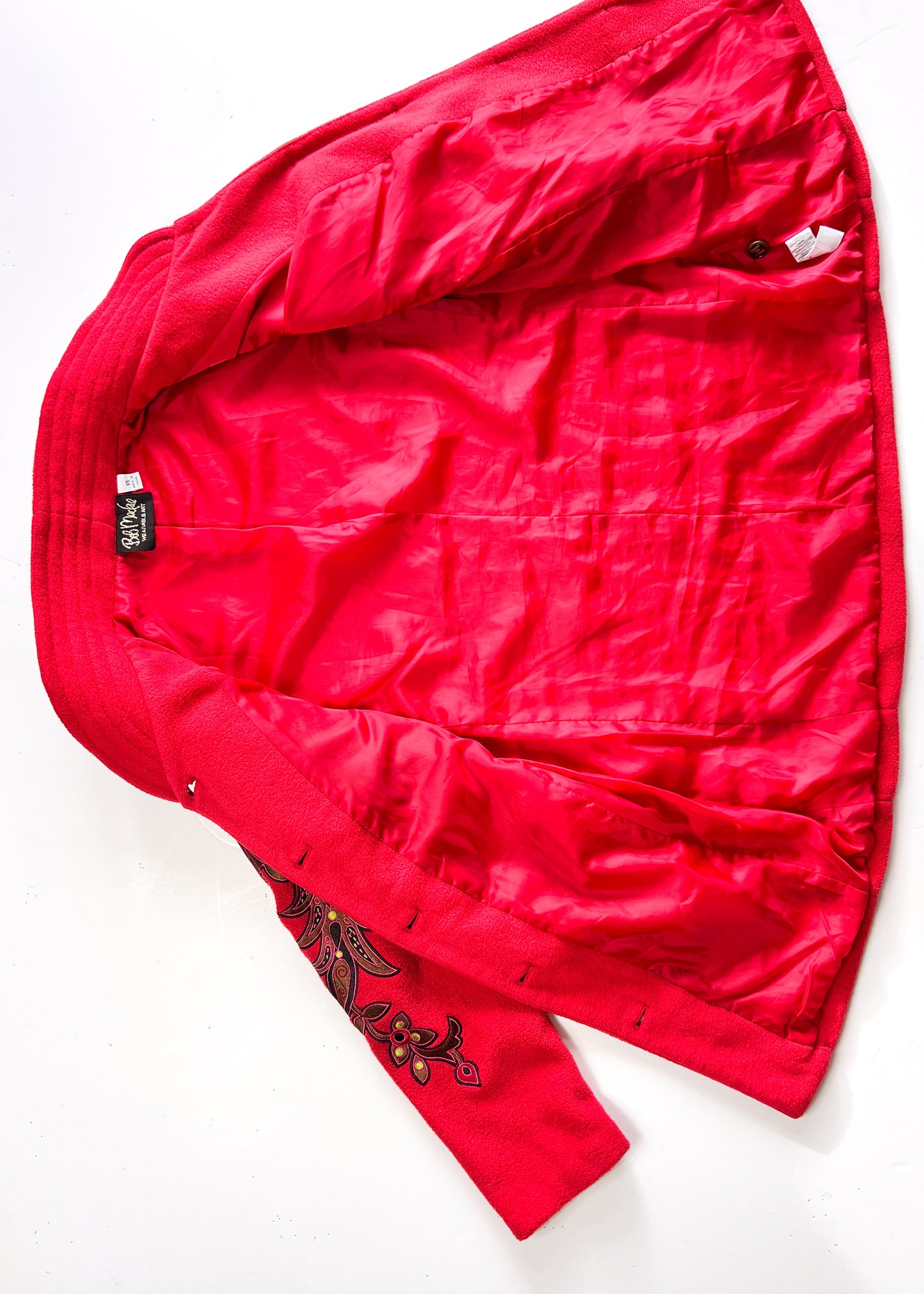 Bob Mackie Y2K Embroidered Red Fleece Overcoat - XS