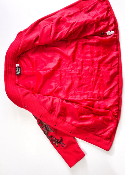 Bob Mackie Y2K Embroidered Red Fleece Overcoat - XS