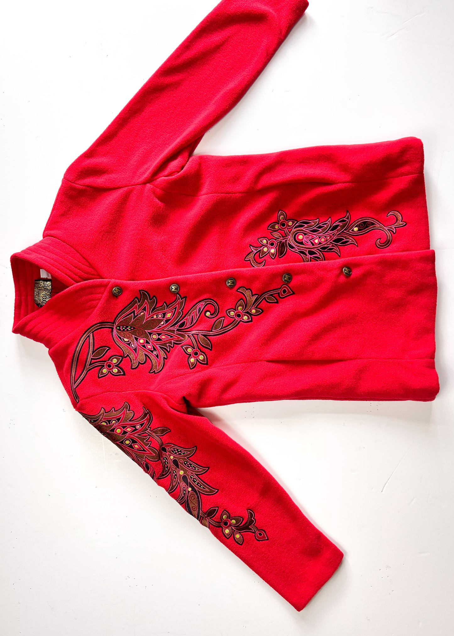 Bob Mackie Y2K Embroidered Red Fleece Overcoat - XS