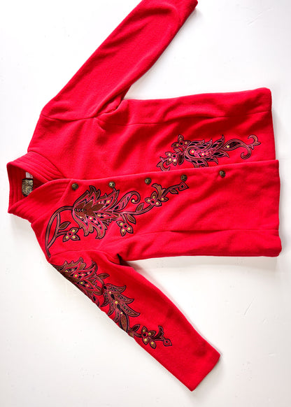 Bob Mackie Y2K Embroidered Red Fleece Overcoat - XS