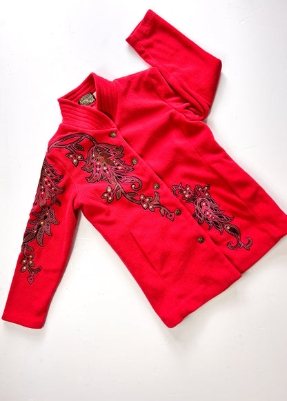 Bob Mackie Y2K Embroidered Red Fleece Overcoat - XS