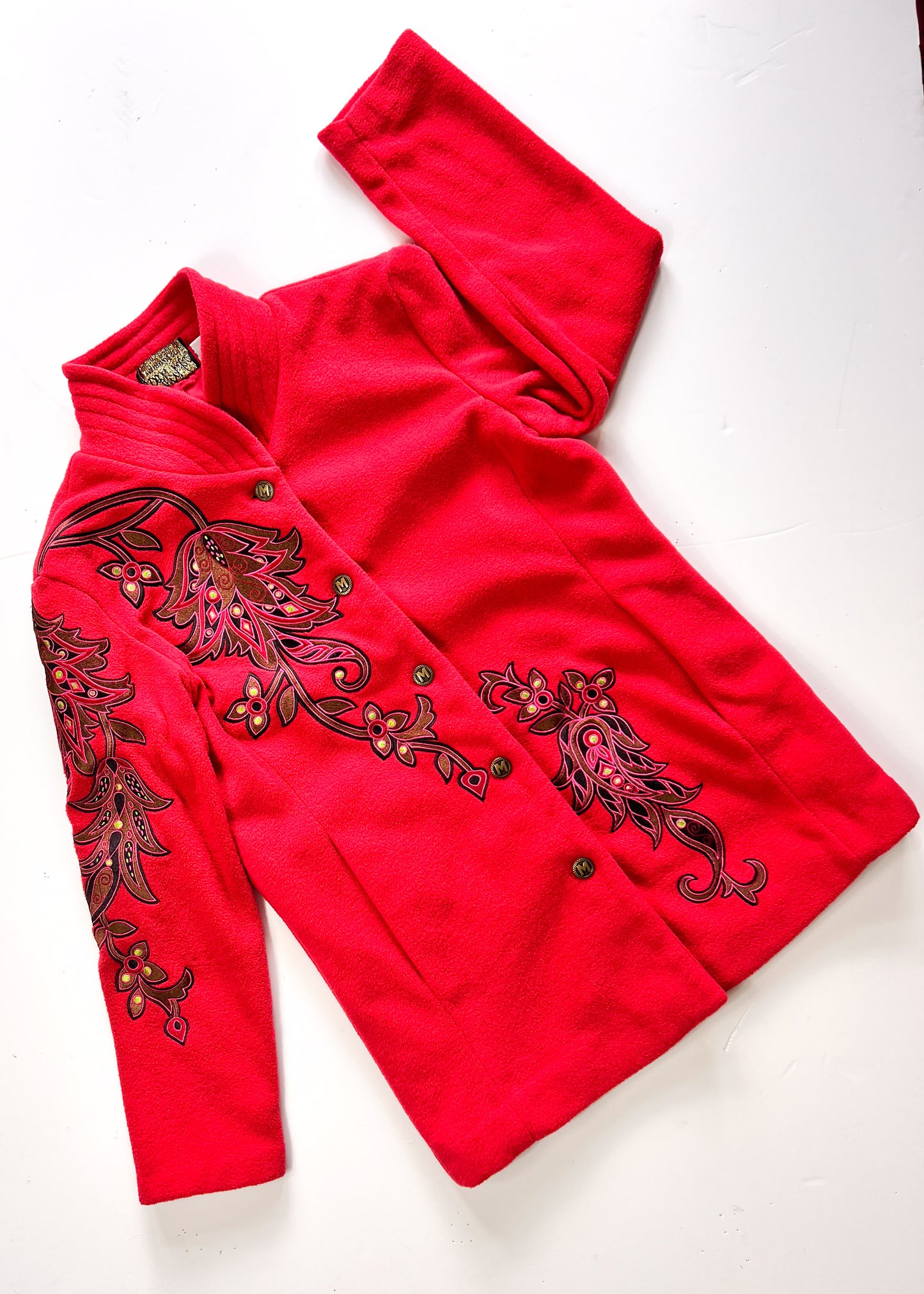 Bob Mackie Y2K Embroidered Red Fleece Overcoat - XS