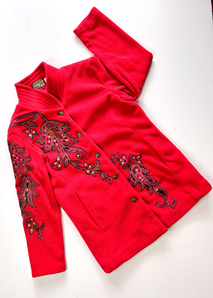 Bob Mackie Y2K Embroidered Red Fleece Overcoat - XS
