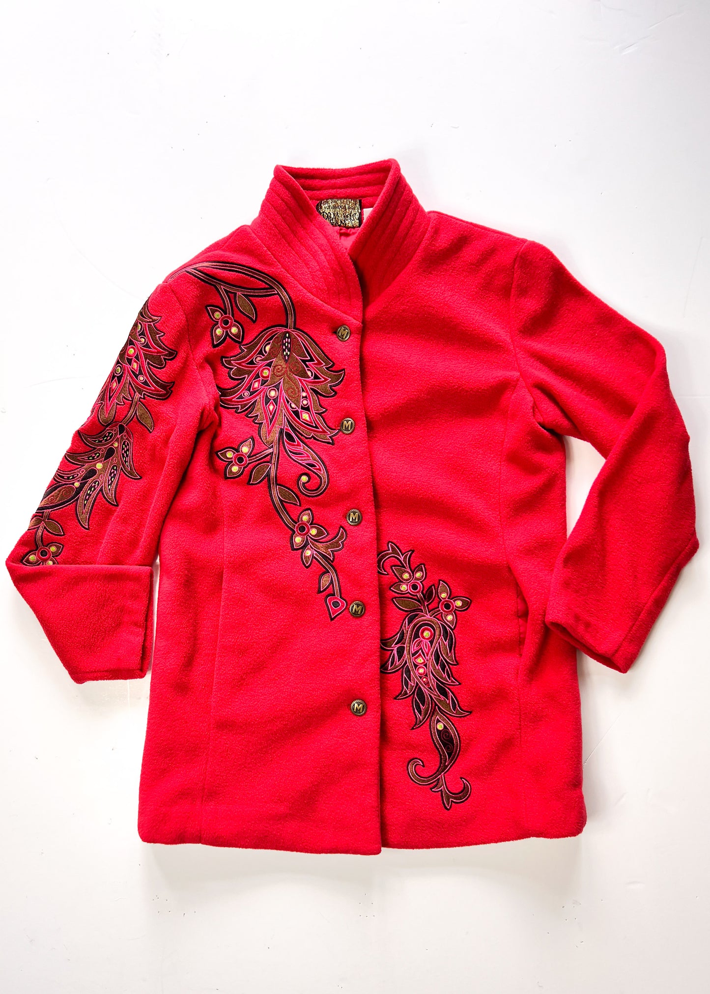 Bob Mackie Y2K Embroidered Red Fleece Overcoat - XS