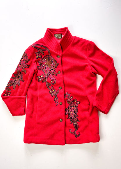 Bob Mackie Y2K Embroidered Red Fleece Overcoat - XS