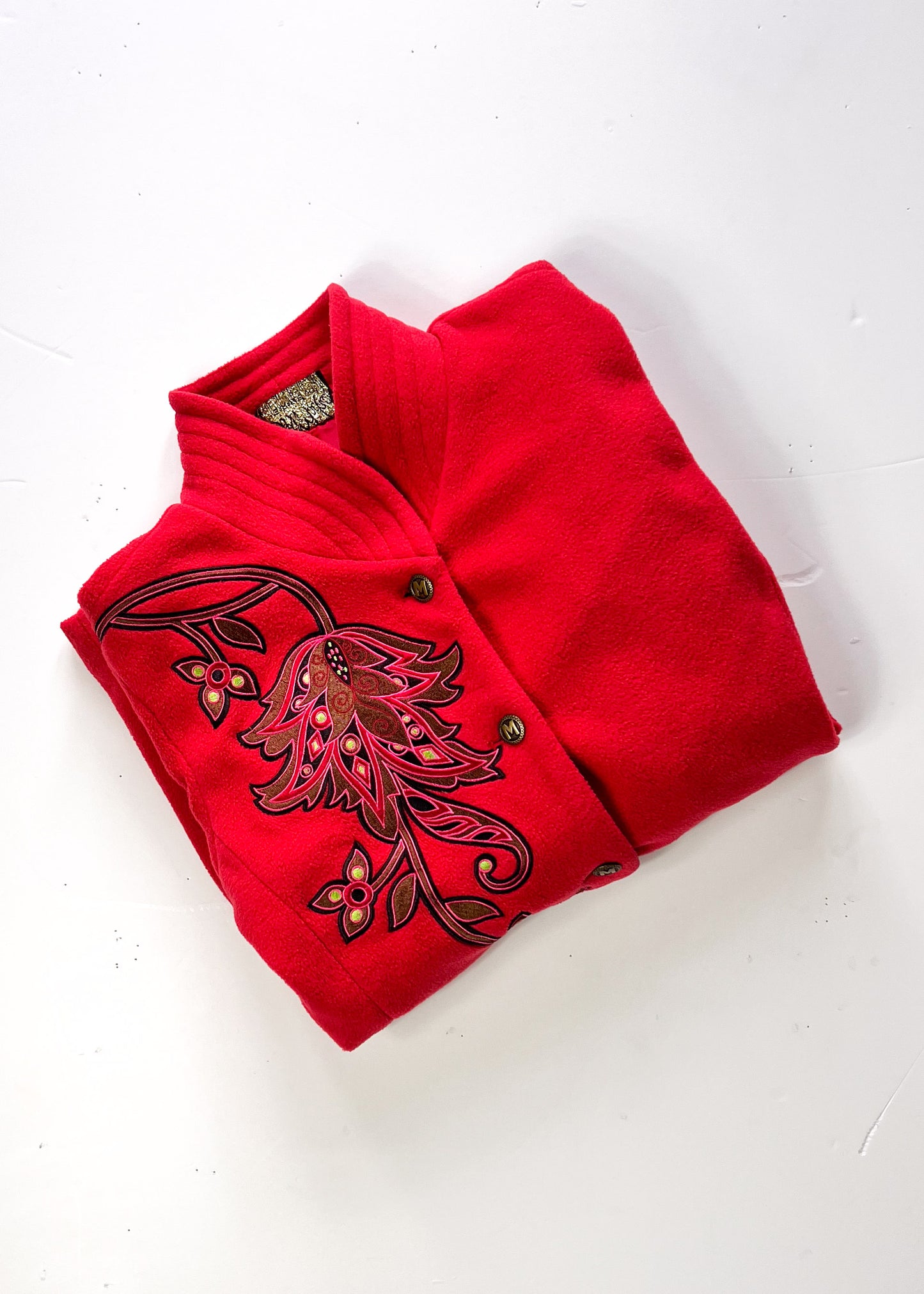 Bob Mackie Y2K Embroidered Red Fleece Overcoat - XS