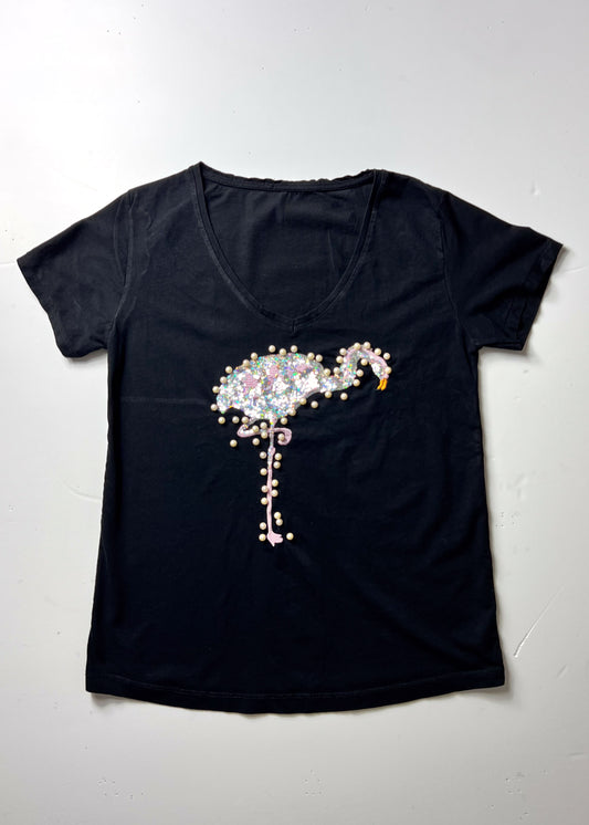 Flamingo Beaded & Sequin Black T-Shirt - Small