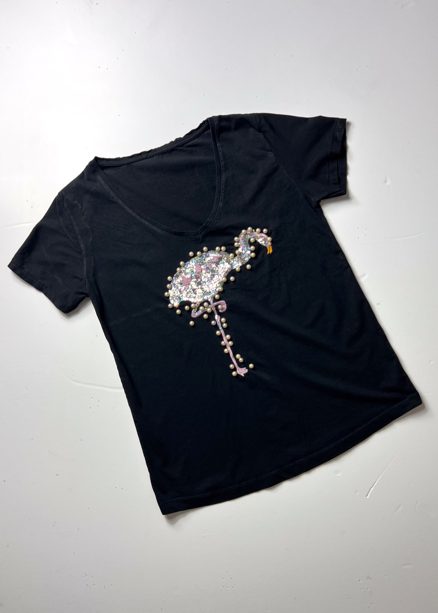 Flamingo Beaded & Sequin Black T-Shirt - Small