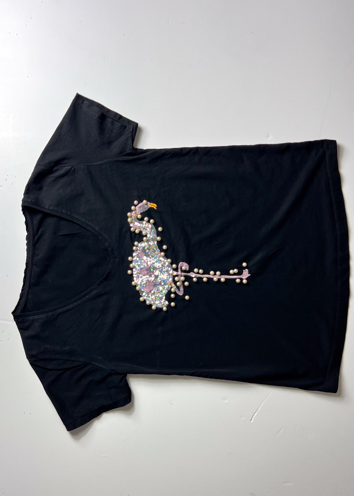 Flamingo Beaded & Sequin Black T-Shirt - Small