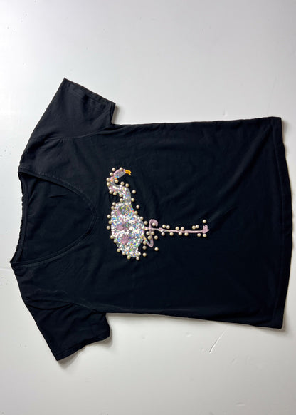 Flamingo Beaded & Sequin Black T-Shirt - Small