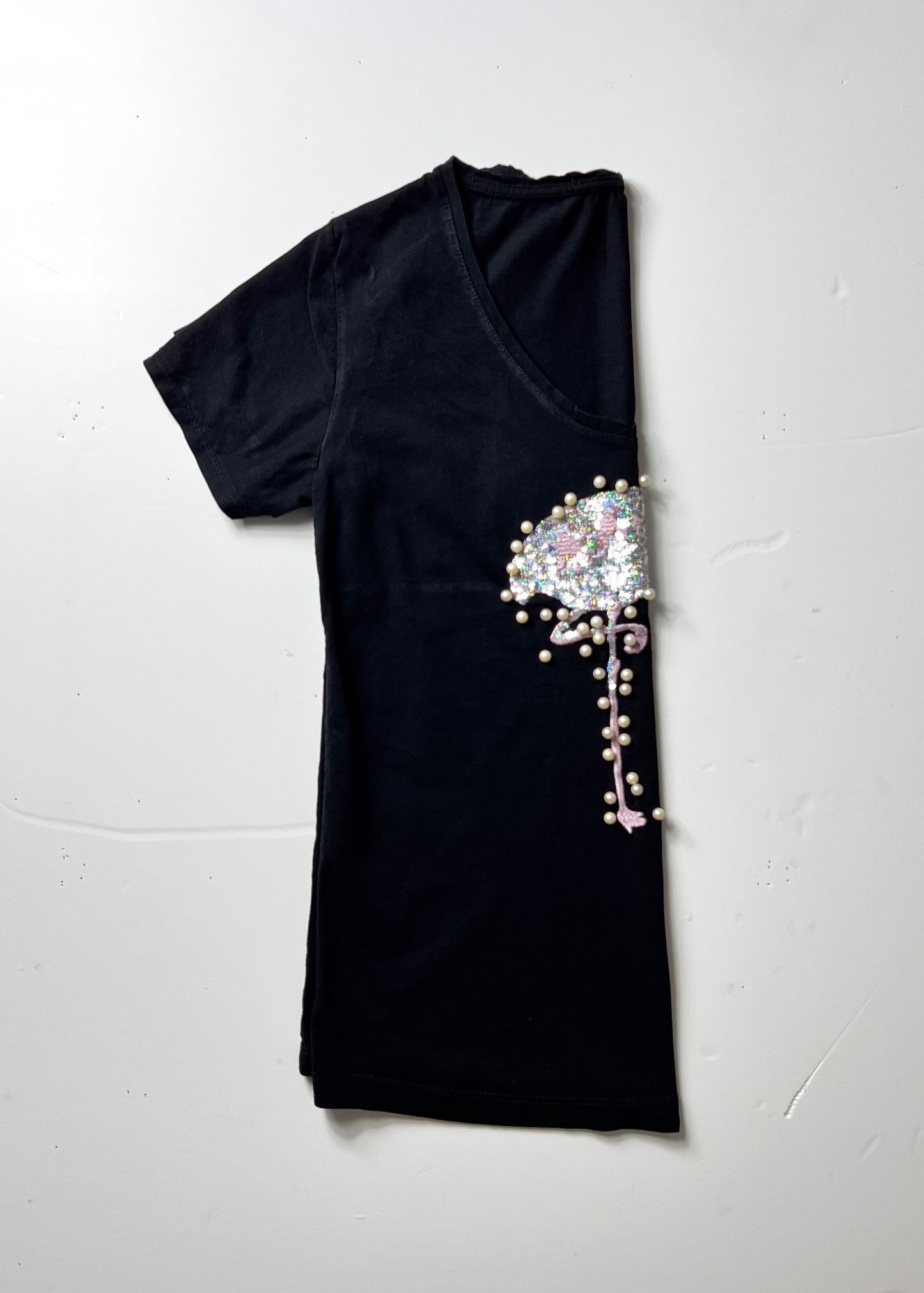Flamingo Beaded & Sequin Black T-Shirt - Small