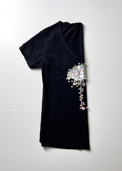 Flamingo Beaded & Sequin Black T-Shirt - Small