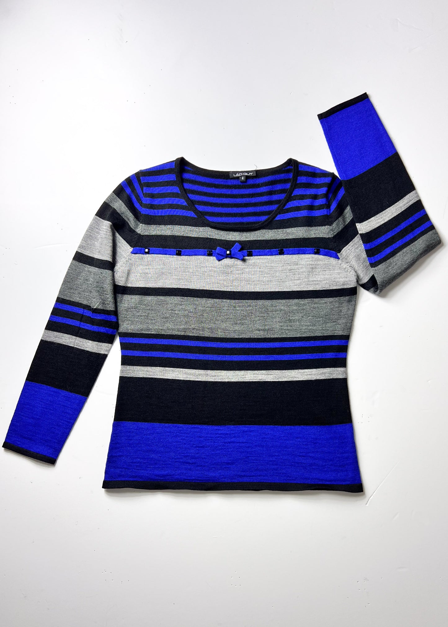Blue & Grey Y2K Jumper with Bow & Bead Embellishment - UK 8