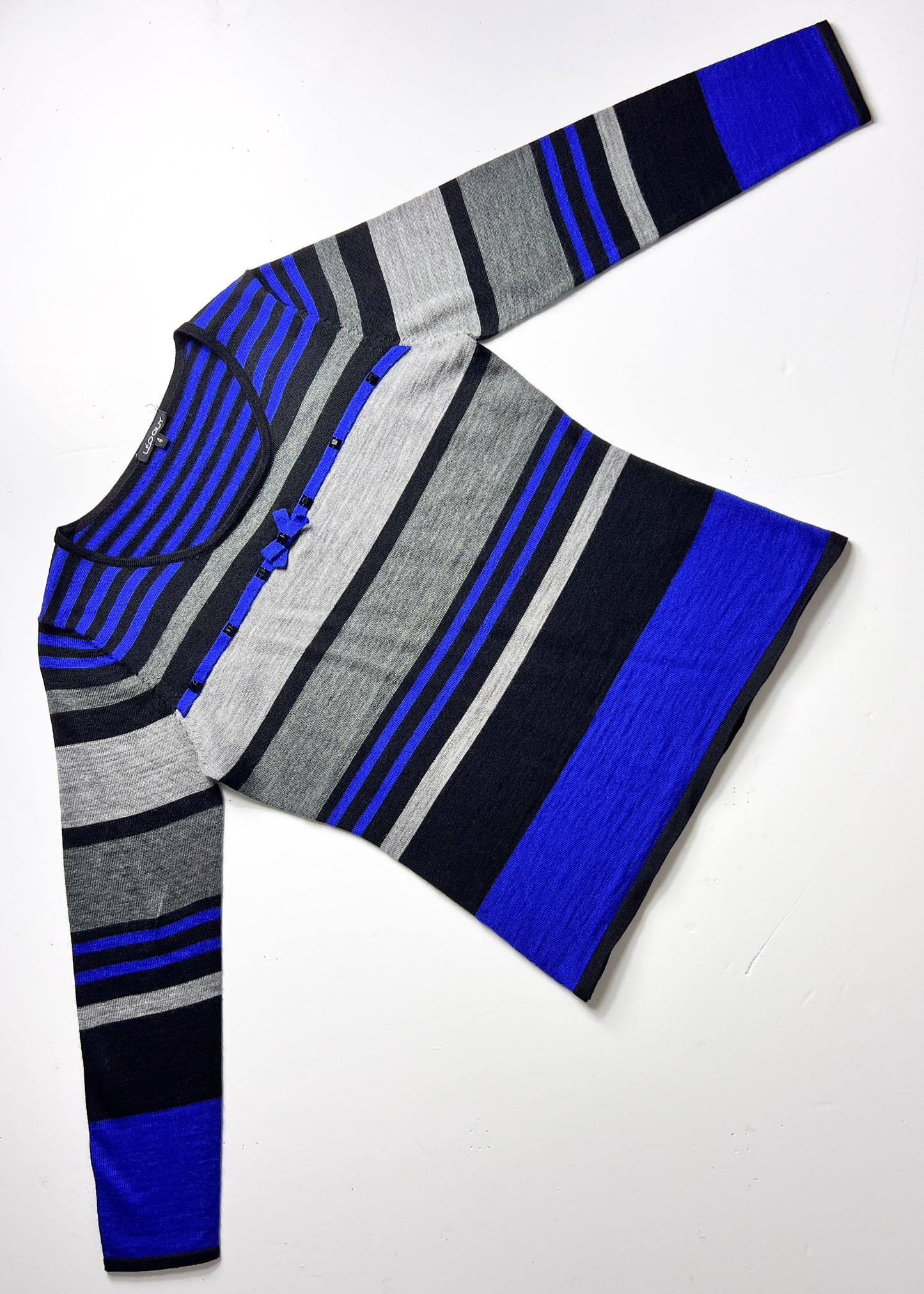 Blue & Grey Y2K Jumper with Bow & Bead Embellishment - UK 8