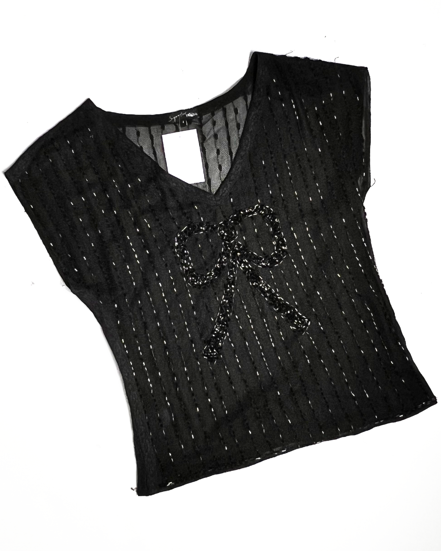 Black Beaded Bow V-Neck Top - UK8