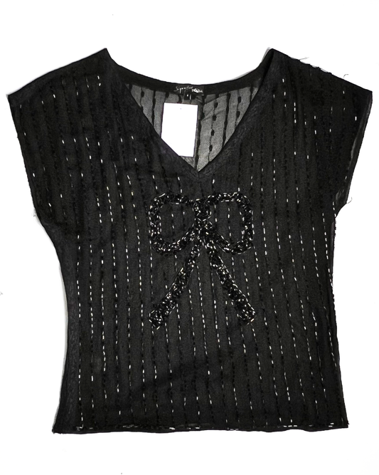 Black Beaded Bow V-Neck Top - UK8