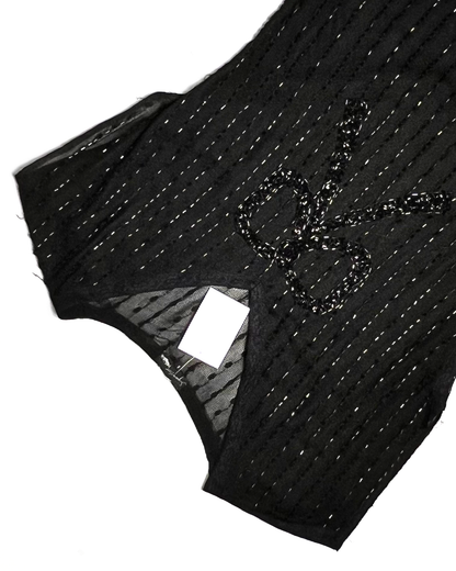 Black Beaded Bow V-Neck Top - UK8