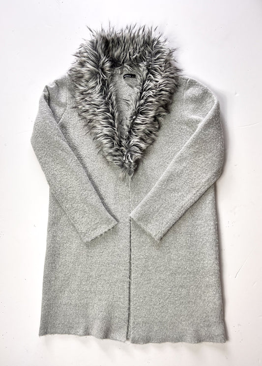Faux Fur Grey Cardigan With Detachable Faux Fur Collar - UK 10