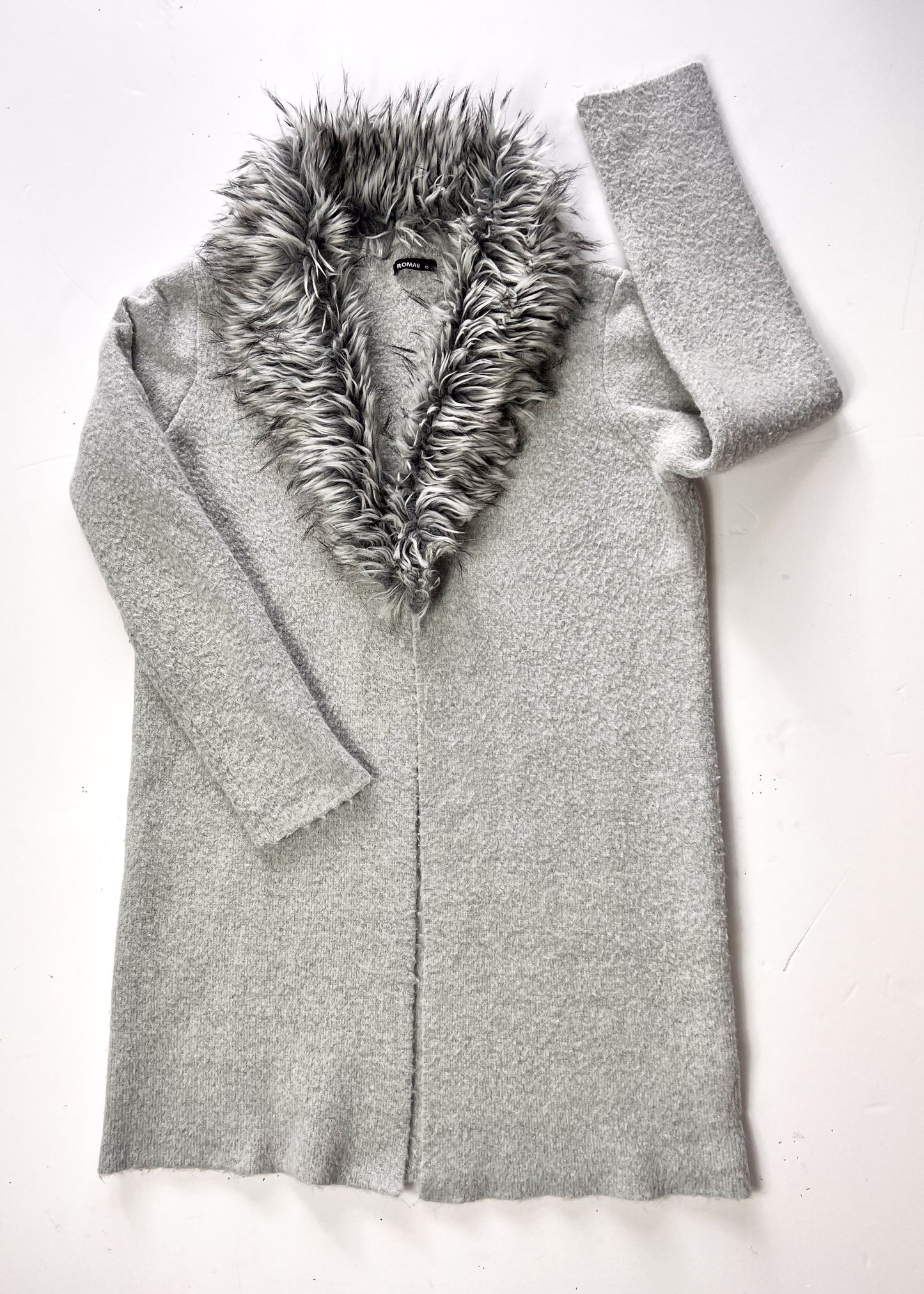 Faux Fur Grey Cardigan With Detachable Faux Fur Collar - UK 10