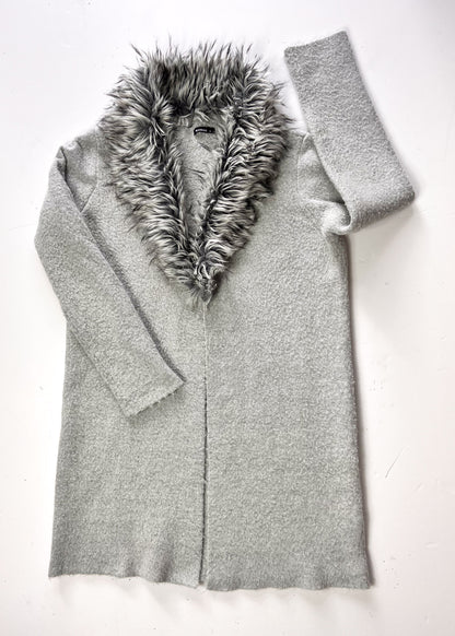 Faux Fur Grey Cardigan With Detachable Faux Fur Collar - UK 10