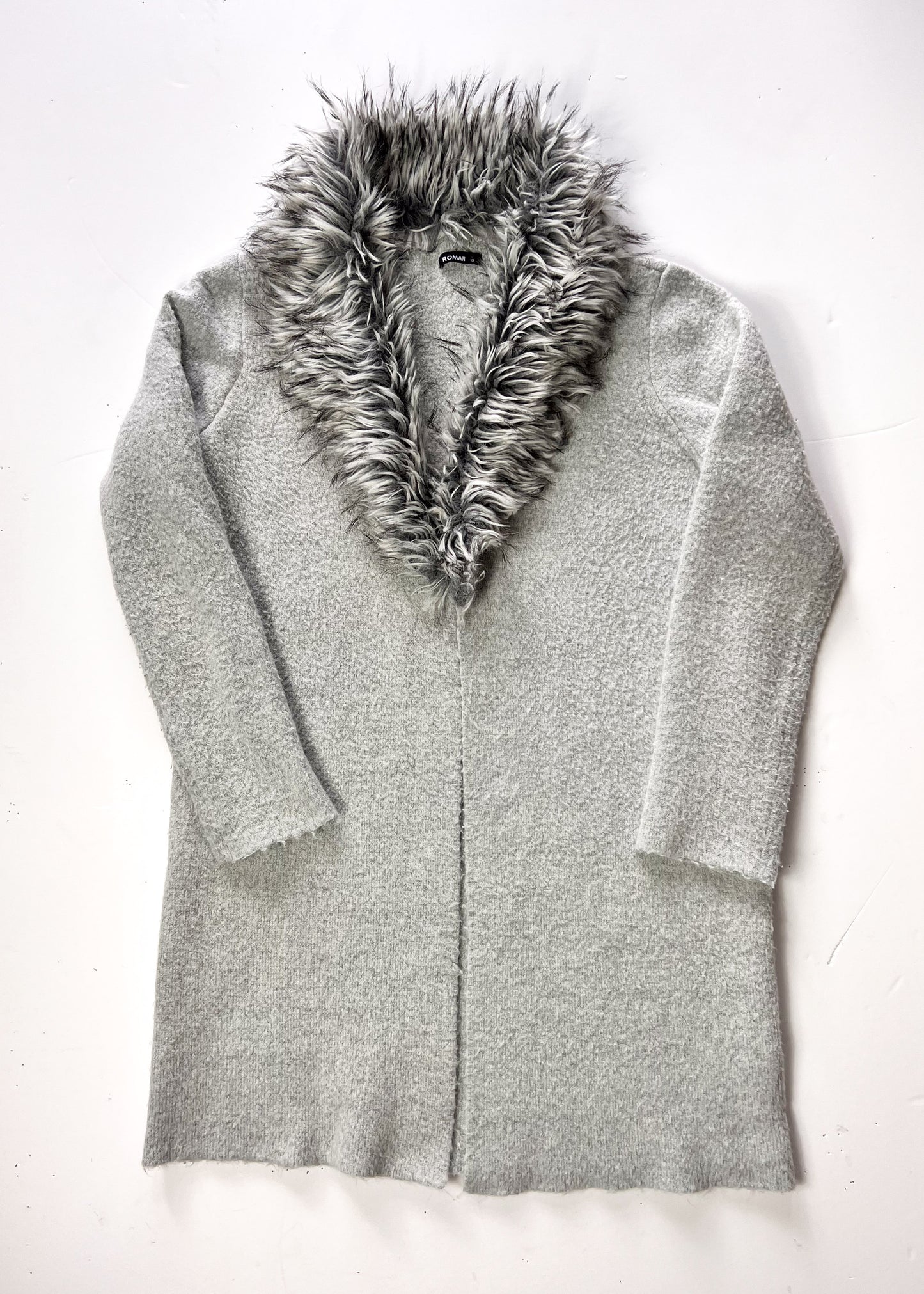 Faux Fur Grey Cardigan With Detachable Faux Fur Collar - UK 10