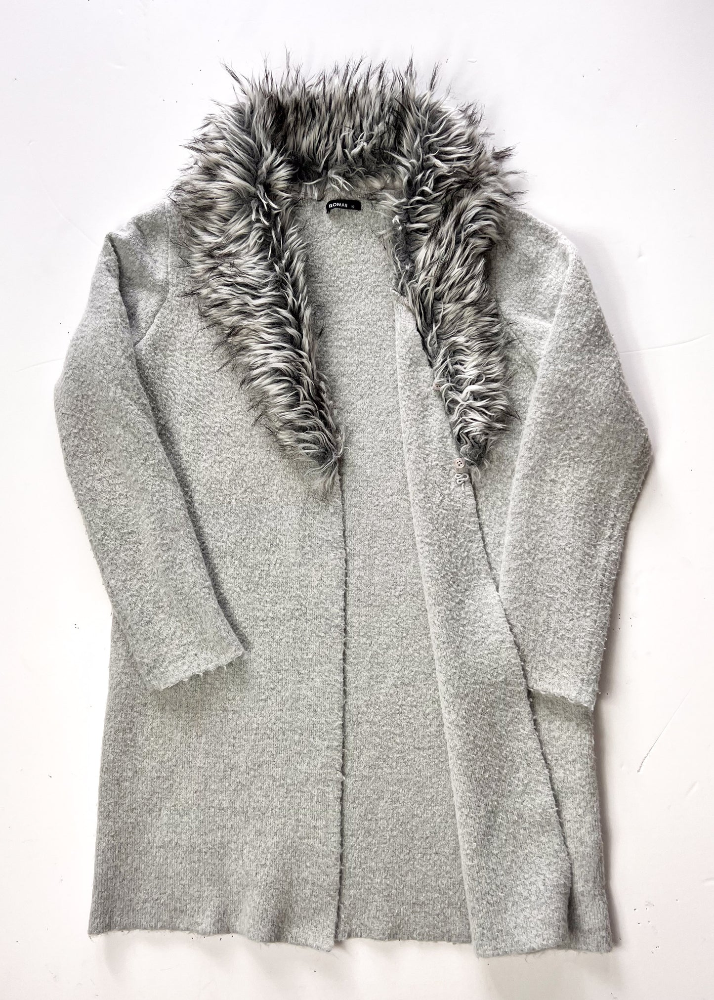 Faux Fur Grey Cardigan With Detachable Faux Fur Collar - UK 10