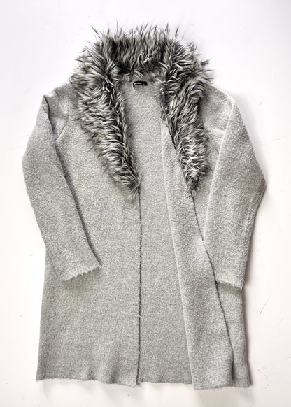 Faux Fur Grey Cardigan With Detachable Faux Fur Collar - UK 10