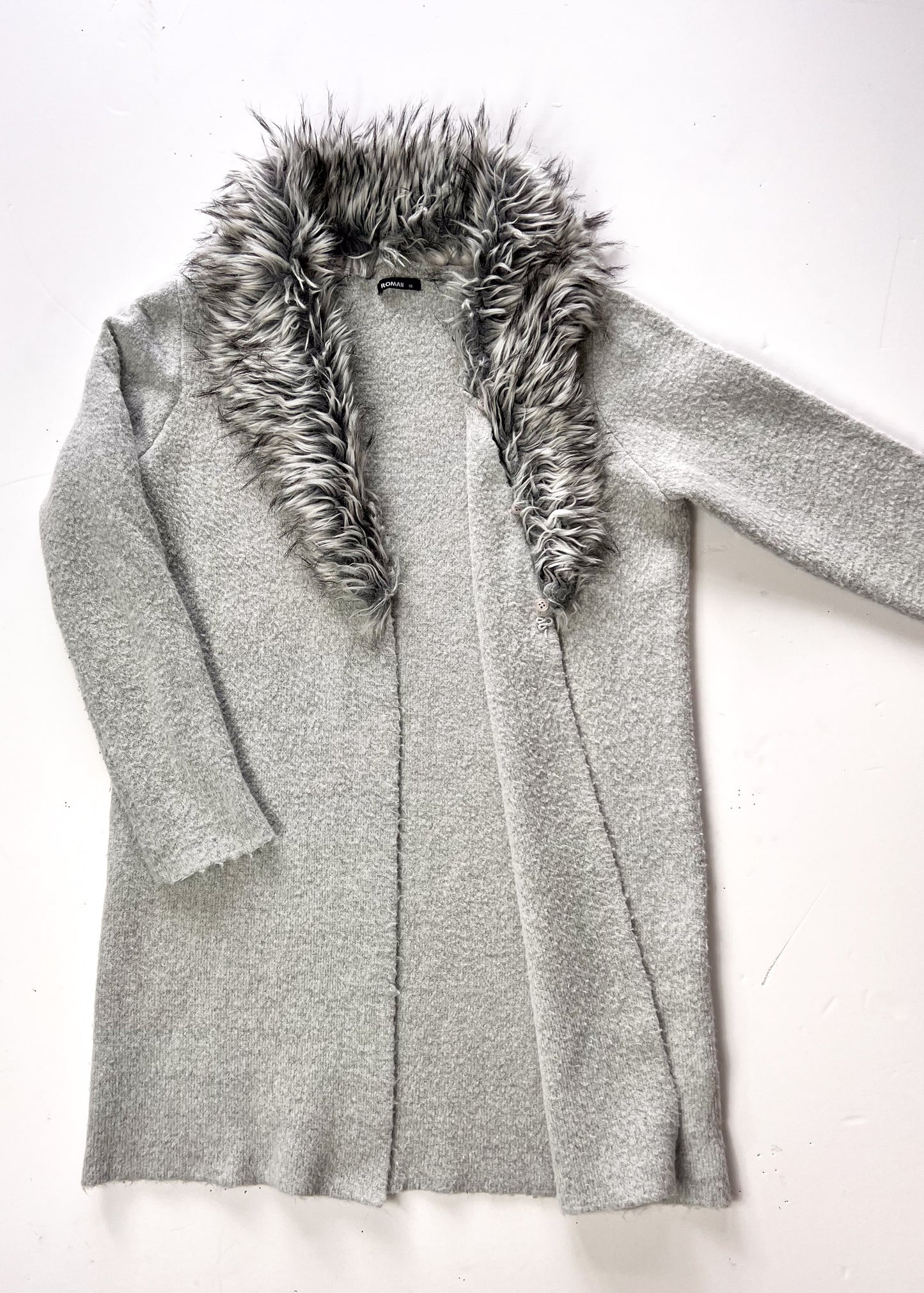 Faux Fur Grey Cardigan With Detachable Faux Fur Collar - UK 10