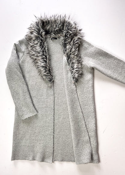 Faux Fur Grey Cardigan With Detachable Faux Fur Collar - UK 10