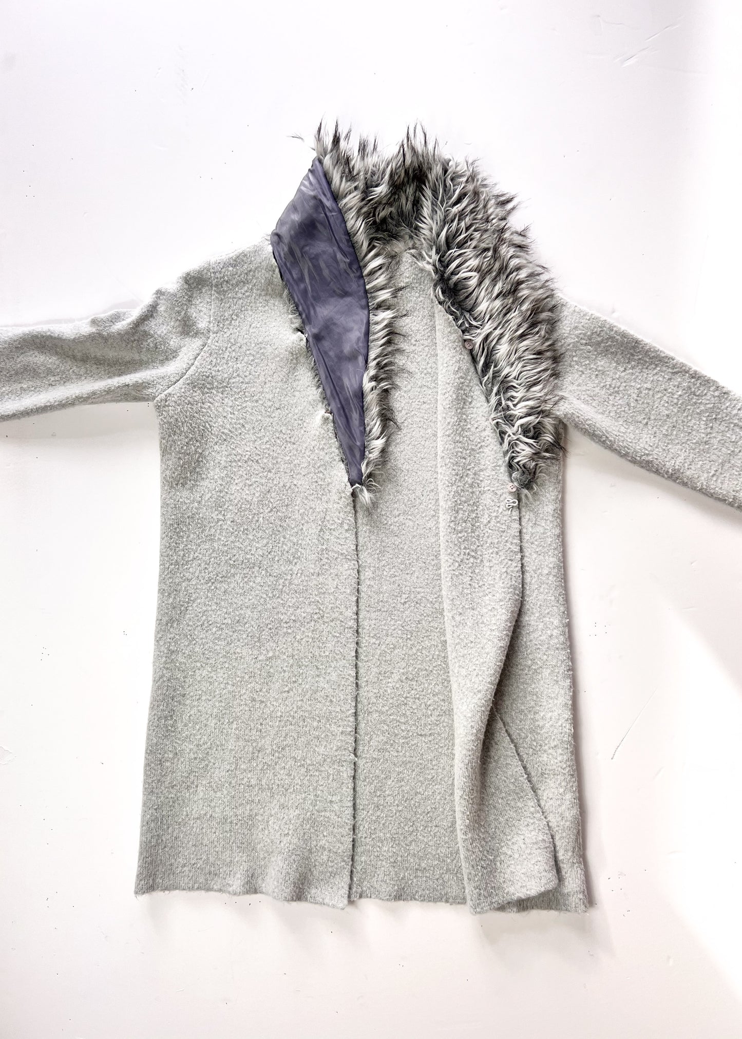 Faux Fur Grey Cardigan With Detachable Faux Fur Collar - UK 10