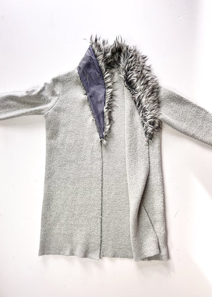 Faux Fur Grey Cardigan With Detachable Faux Fur Collar - UK 10