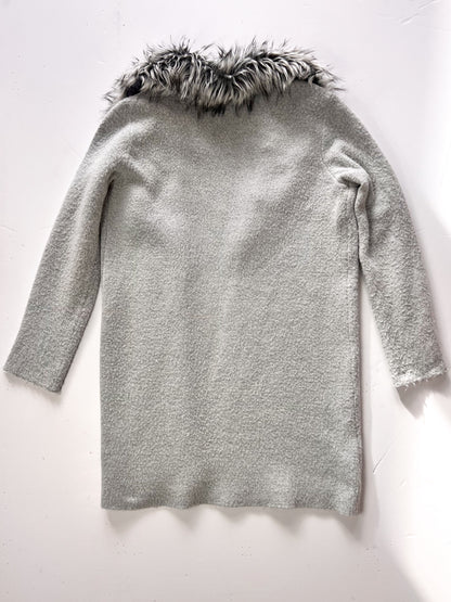 Faux Fur Grey Cardigan With Detachable Faux Fur Collar - UK 10