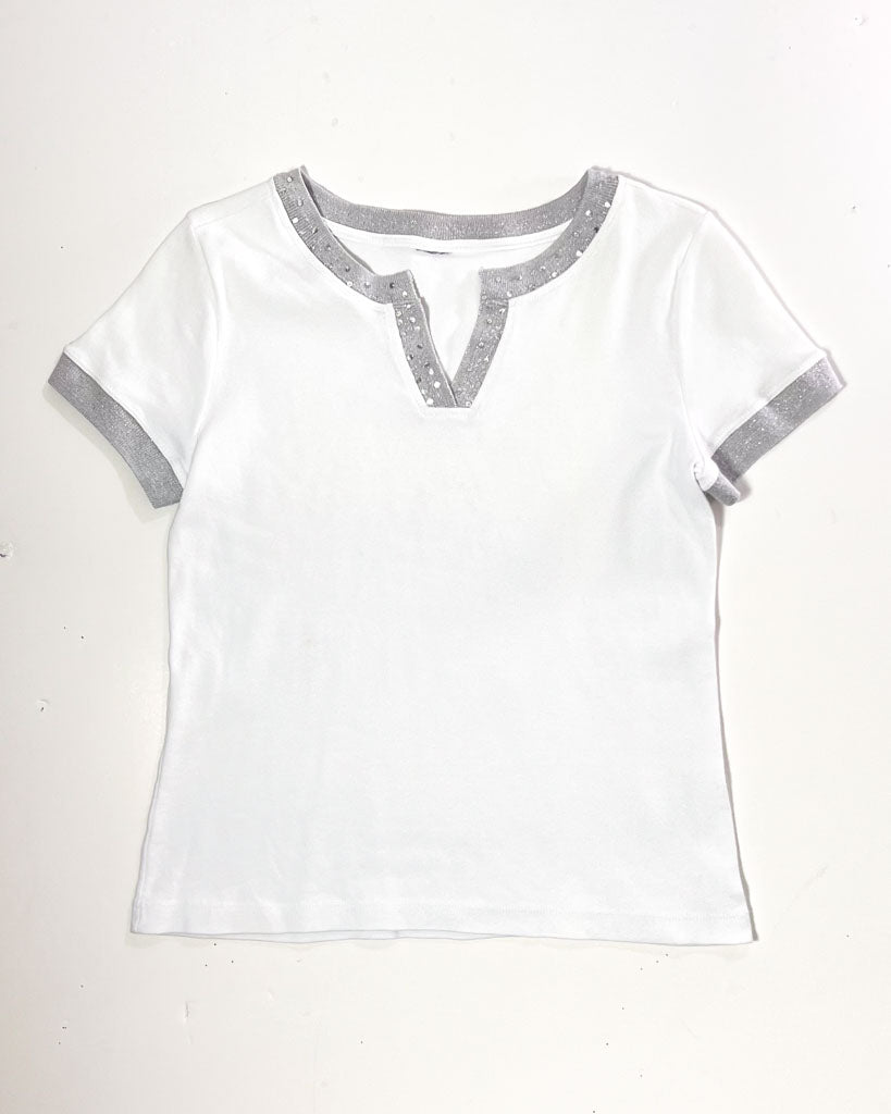 Y2K Sequin Collar White T-Shirt - Small