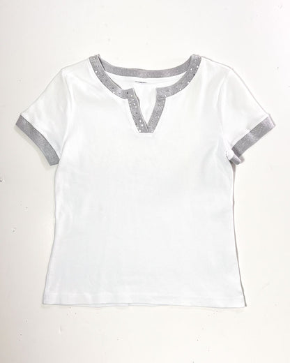 Y2K Sequin Collar White T-Shirt - Small