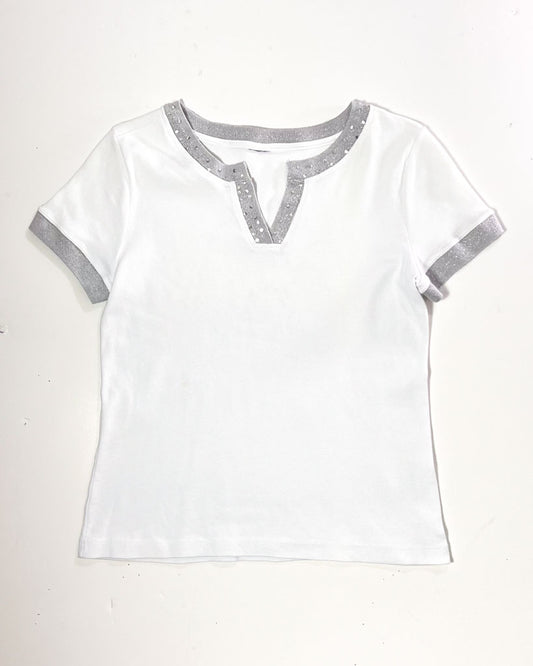 Y2K Sequin Collar White T-Shirt - Small