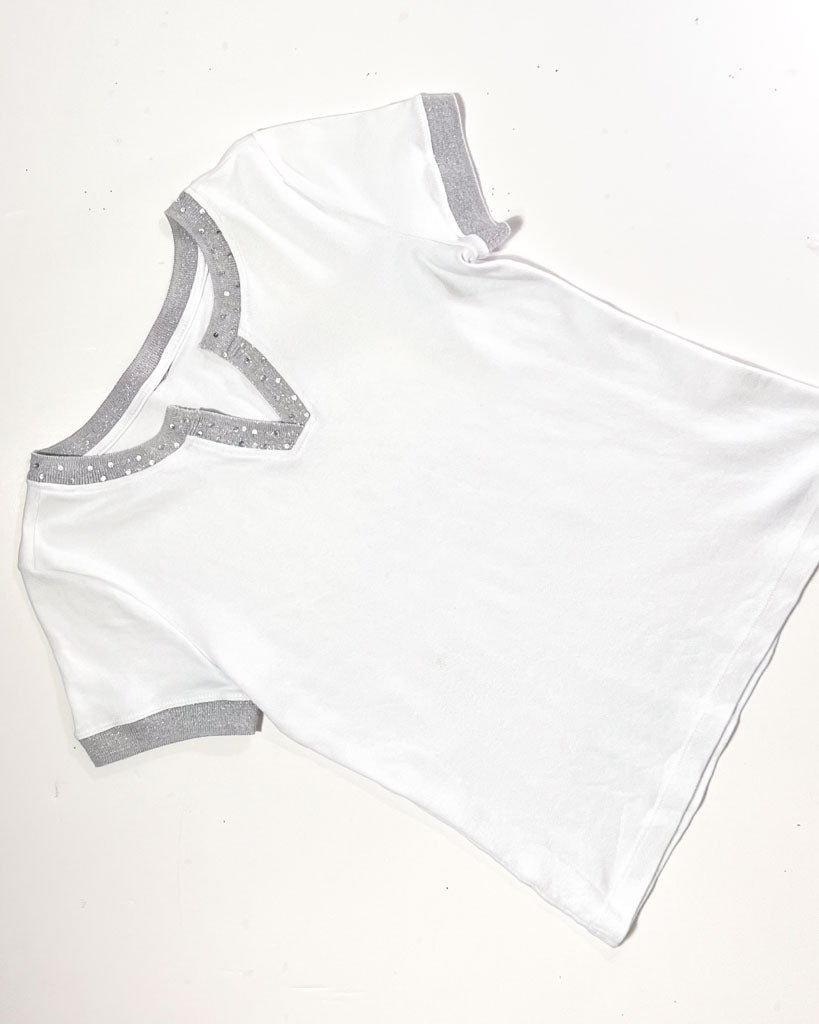 Y2K Sequin Collar White T-Shirt - Small