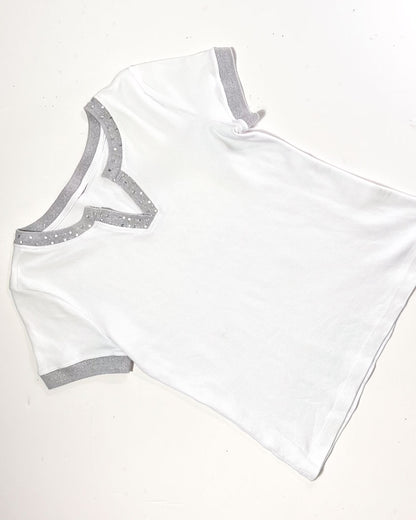 Y2K Sequin Collar White T-Shirt - Small
