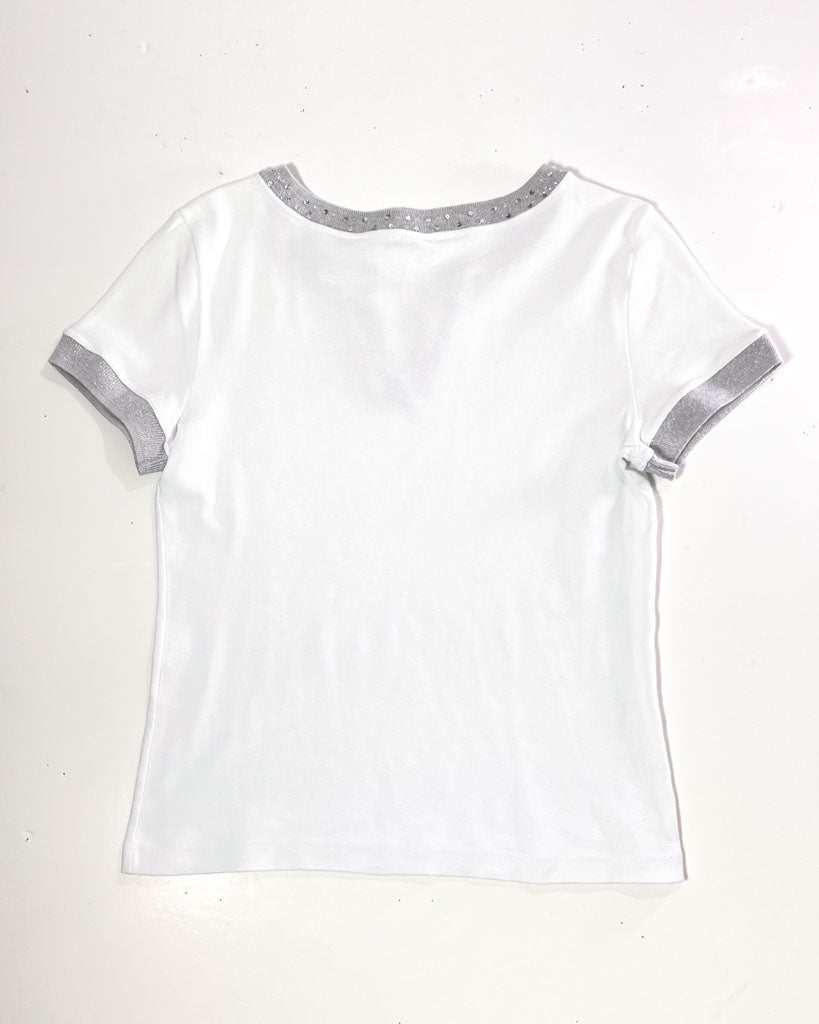 Y2K Sequin Collar White T-Shirt - Small
