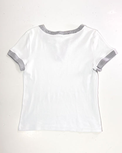 Y2K Sequin Collar White T-Shirt - Small